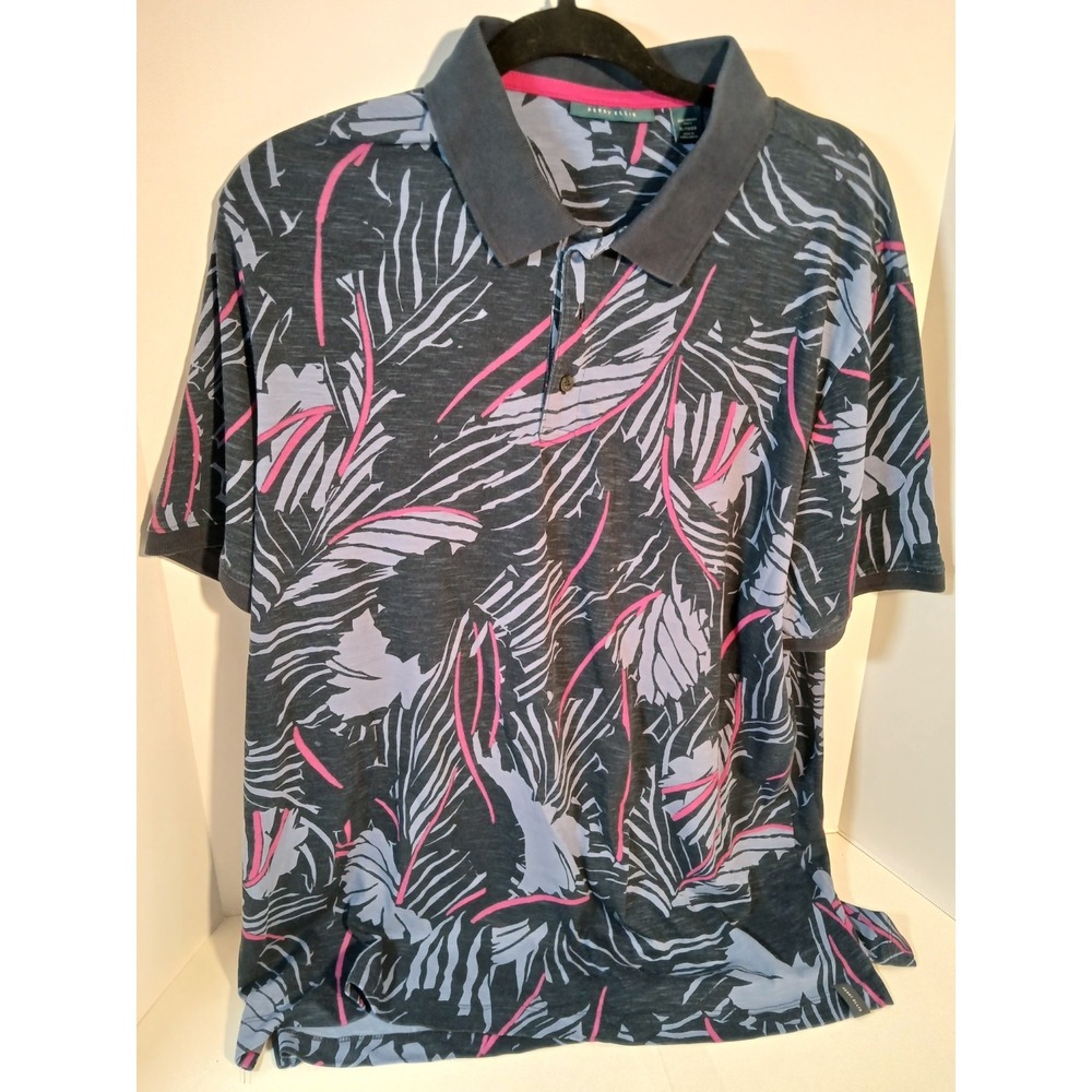 Perry Ellis Men's XL Saphire Blue /Pink Print Short Sleeve Polo Shirt